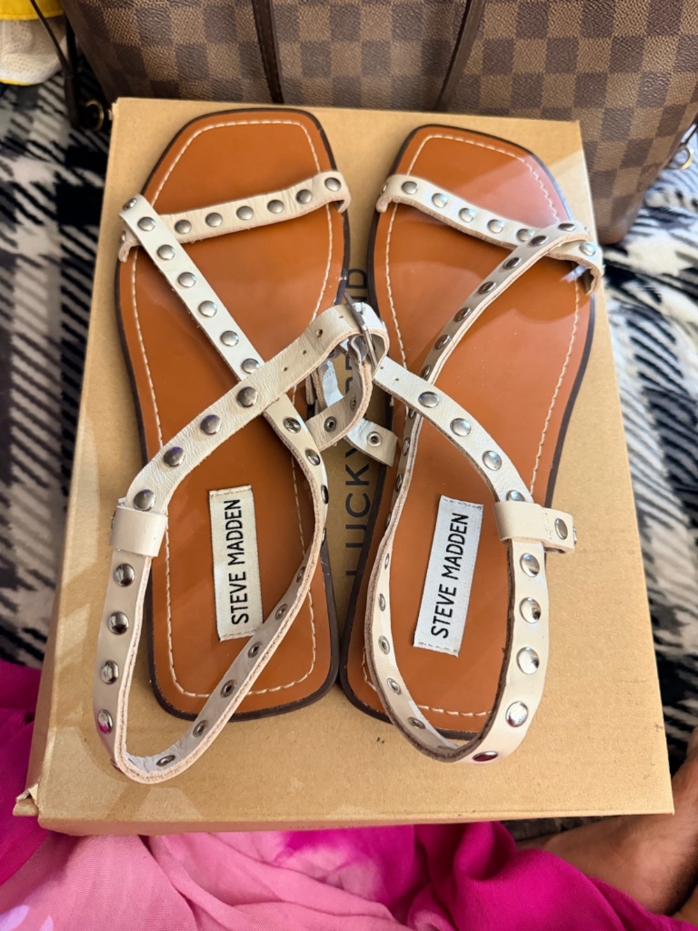 Steve Madden Cream Studded T-Strap Sandals with Tan Footbed